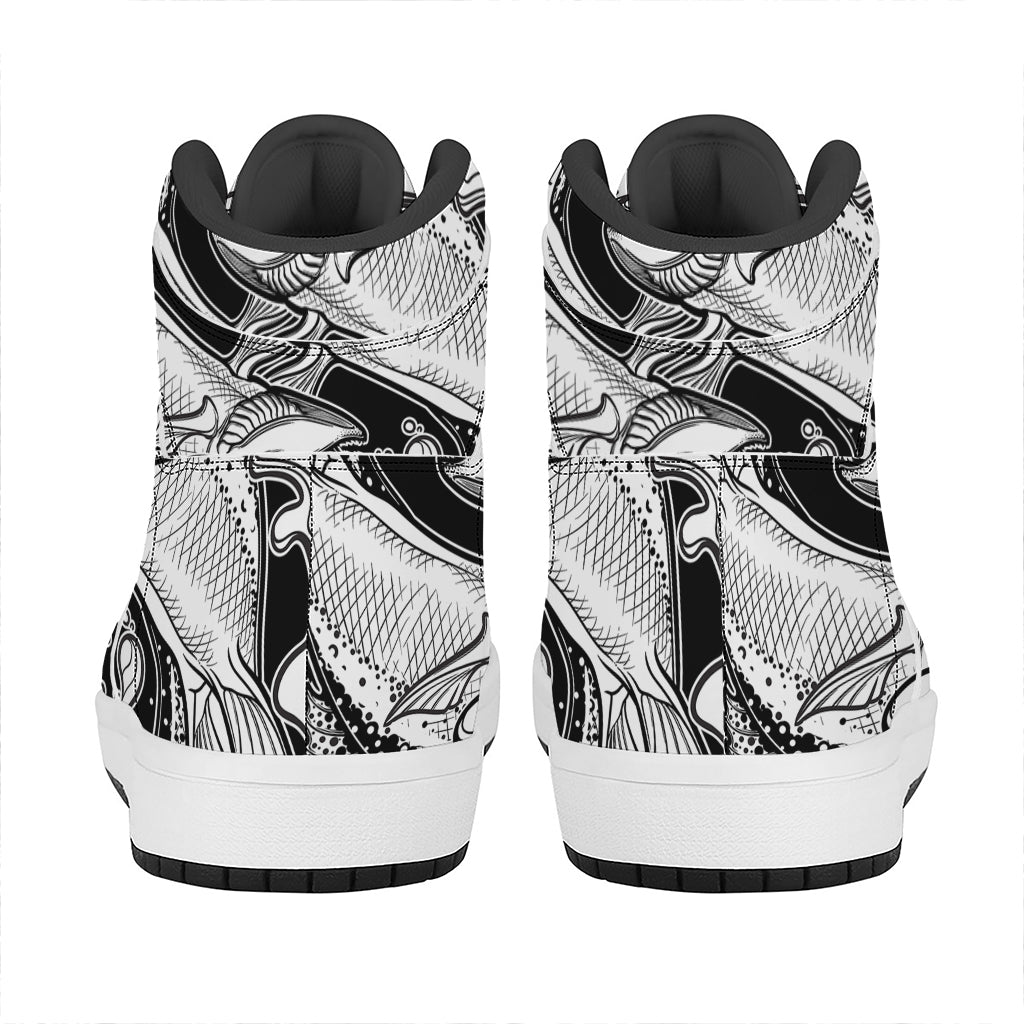 White And Black Pisces Sign Print High Top Leather Sneakers