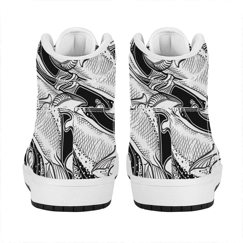 White And Black Pisces Sign Print High Top Leather Sneakers