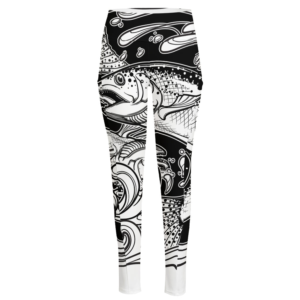 White And Black Pisces Sign Print High-Waisted Pocket Leggings