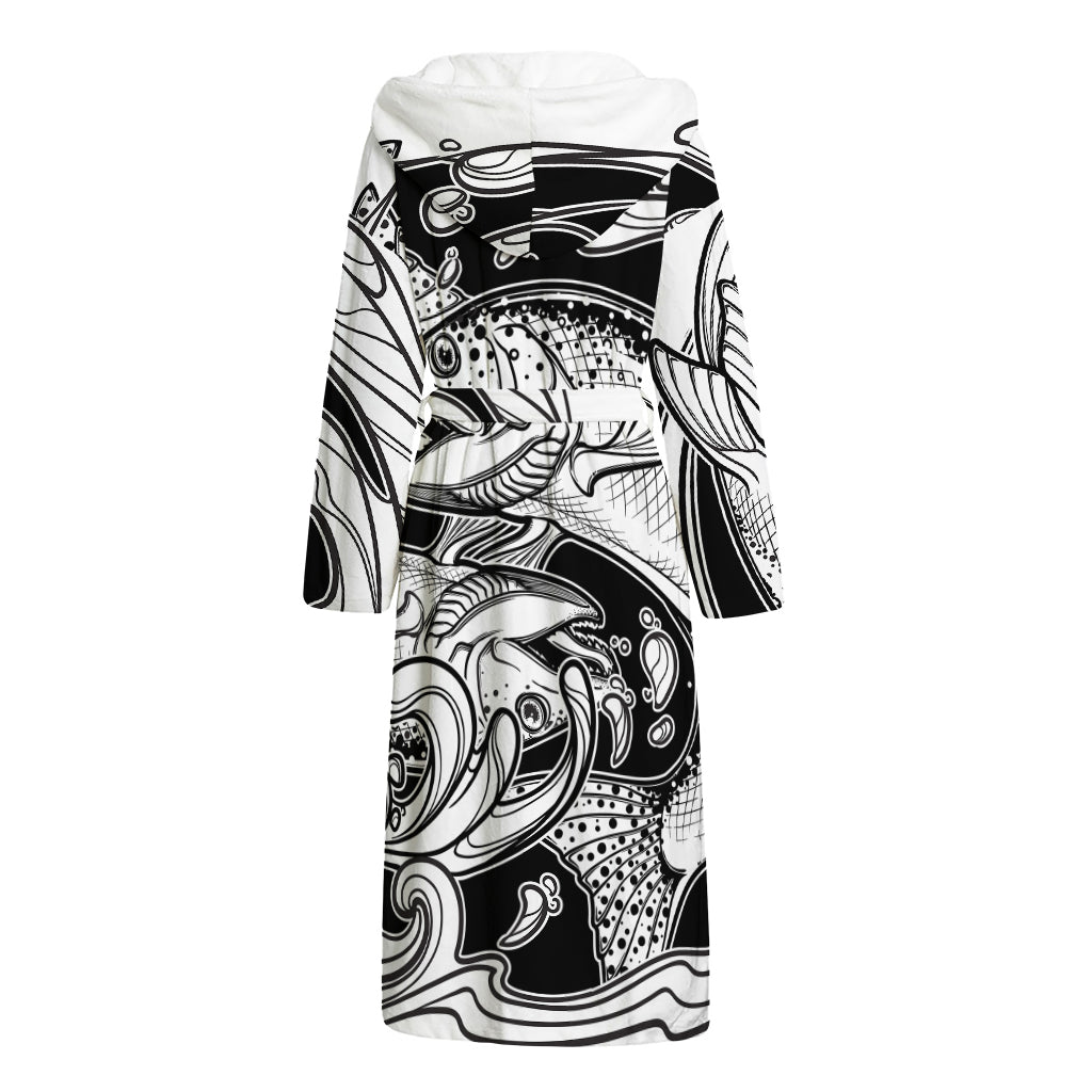 White And Black Pisces Sign Print Hooded Bathrobe