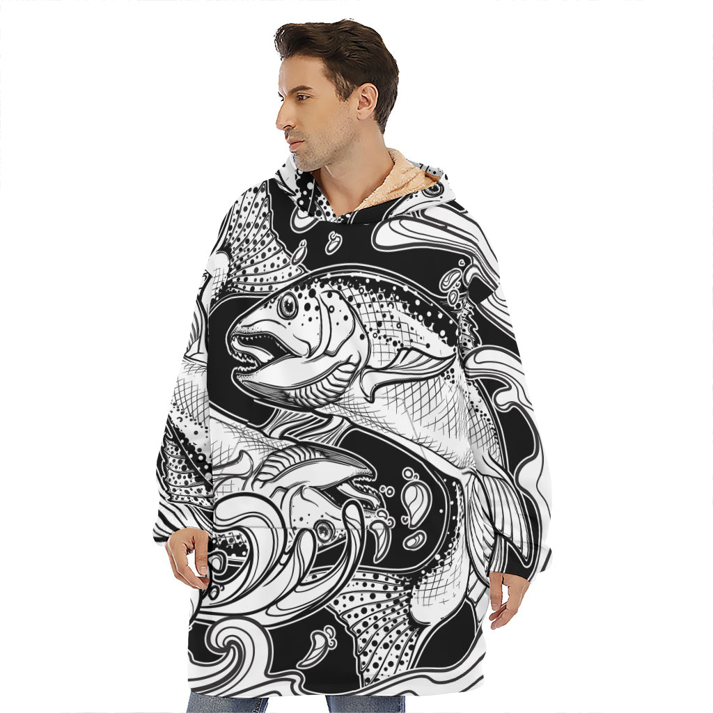 White And Black Pisces Sign Print Hoodie Blanket