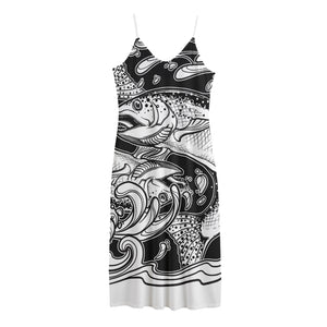 White And Black Pisces Sign Print Jersey Midi Cami Dress