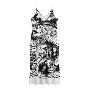 White And Black Pisces Sign Print Jersey Midi Cami Dress