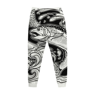 White And Black Pisces Sign Print Jogger Pants