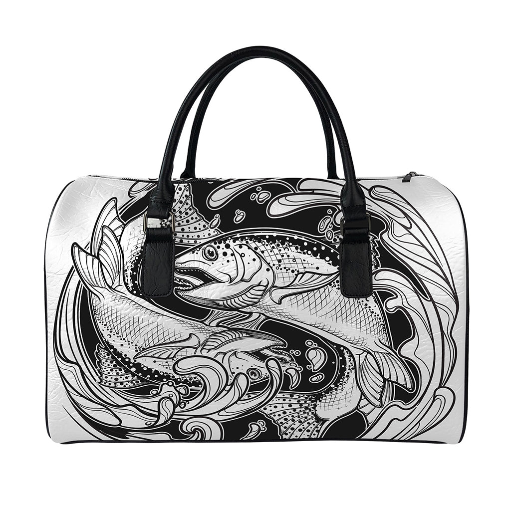 White And Black Pisces Sign Print Leather Duffle Bag