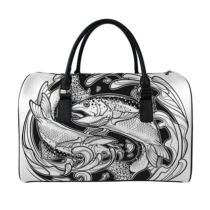 White And Black Pisces Sign Print Leather Duffle Bag