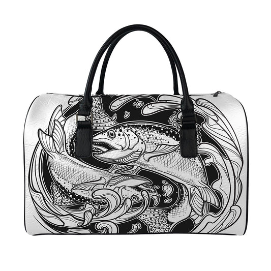 White And Black Pisces Sign Print Leather Duffle Bag