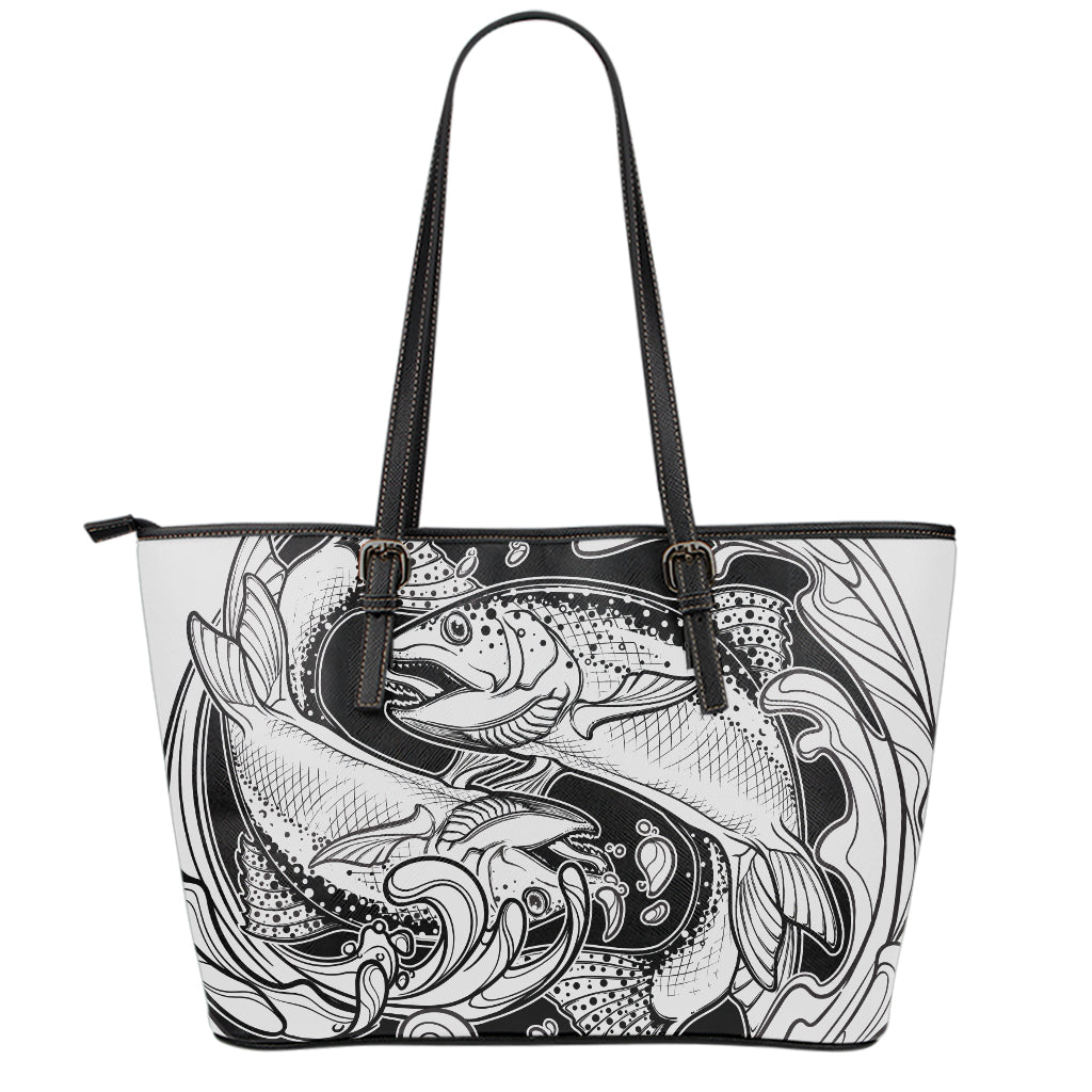 White And Black Pisces Sign Print Leather Tote Bag