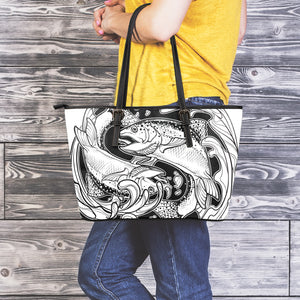 White And Black Pisces Sign Print Leather Tote Bag