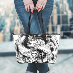 White And Black Pisces Sign Print Leather Tote Bag