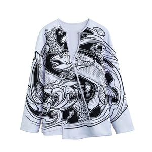 White And Black Pisces Sign Print Long Sleeve Short Coat