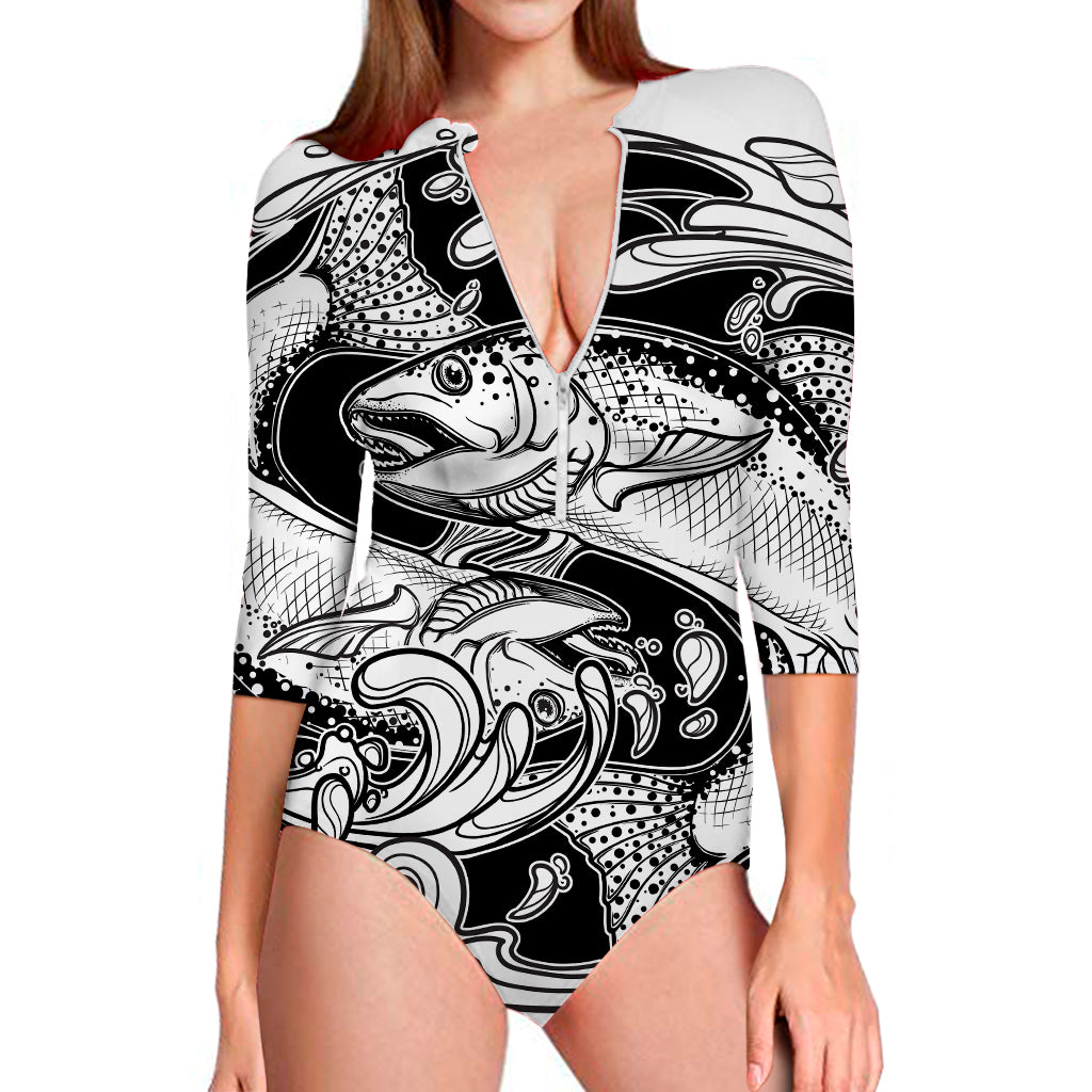 White And Black Pisces Sign Print Long Sleeve Swimsuit