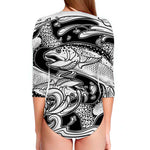 White And Black Pisces Sign Print Long Sleeve Swimsuit