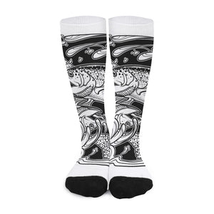 White And Black Pisces Sign Print Long Socks