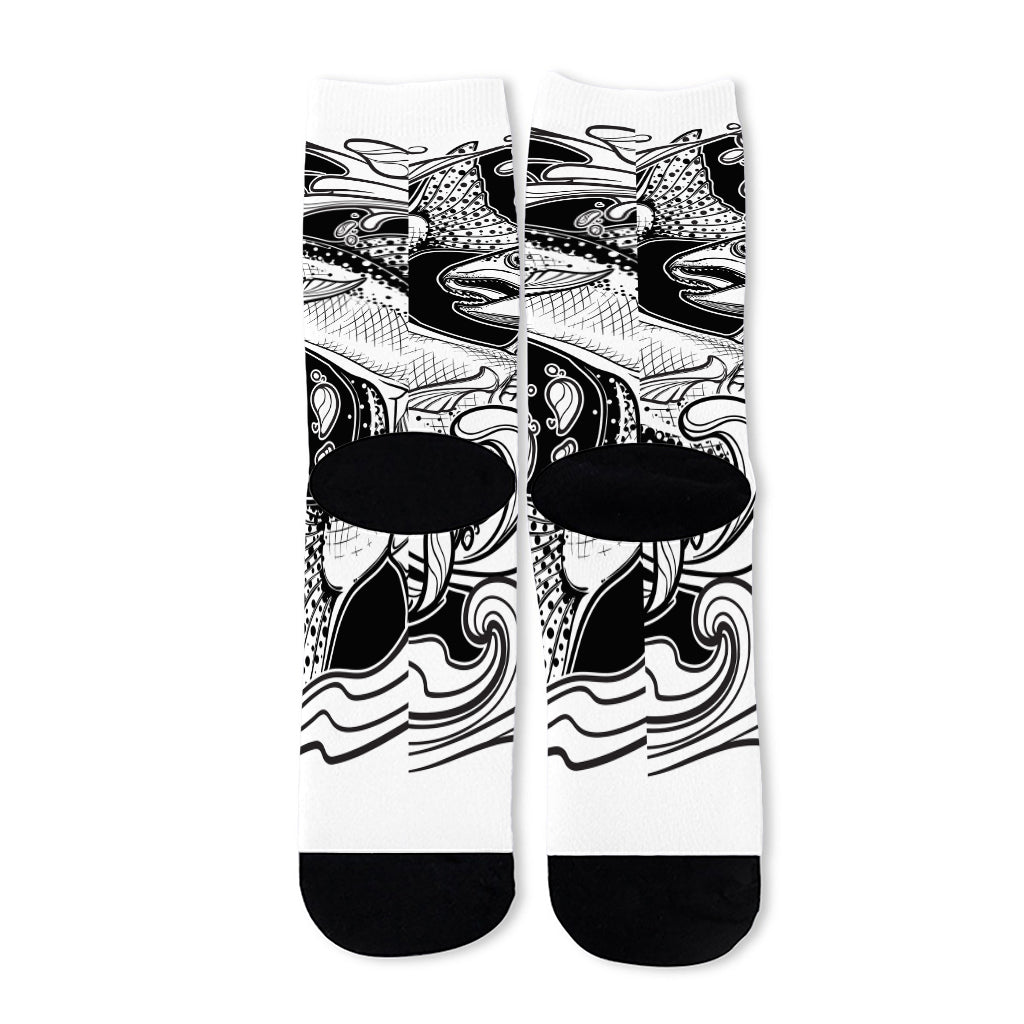 White And Black Pisces Sign Print Long Socks