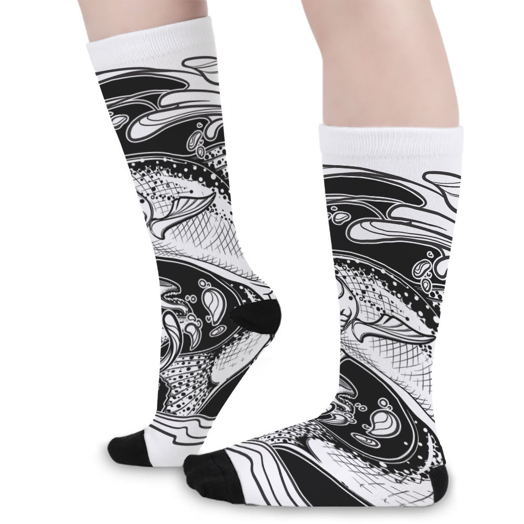 White And Black Pisces Sign Print Long Socks