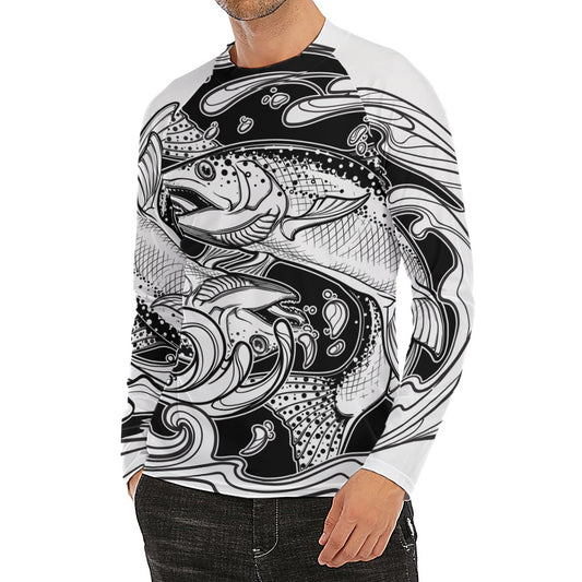 White And Black Pisces Sign Print Men's Long Sleeve Rash Guard