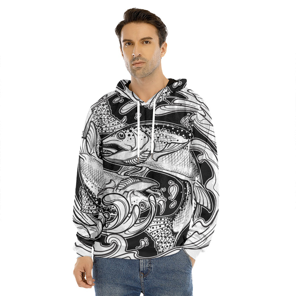 White And Black Pisces Sign Print Men's Velvet Pullover Hoodie