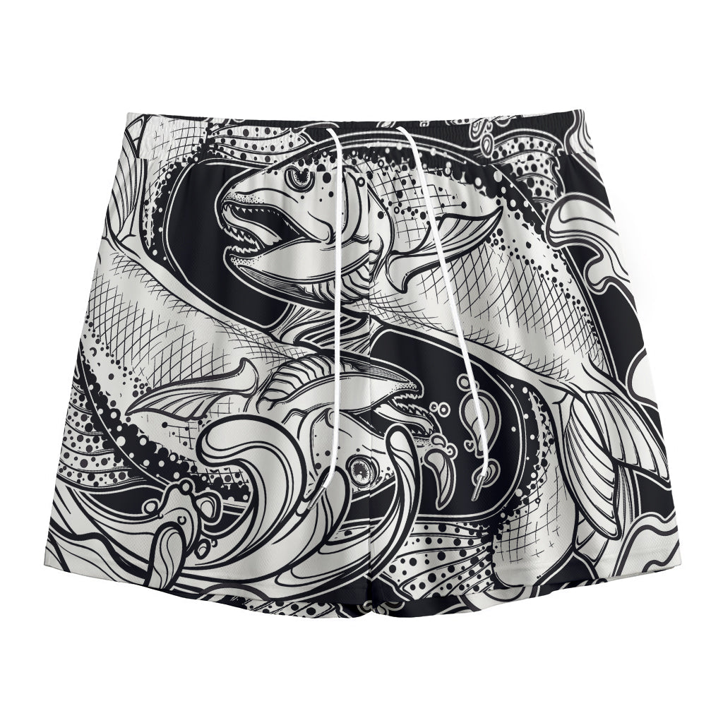 White And Black Pisces Sign Print Mesh Shorts