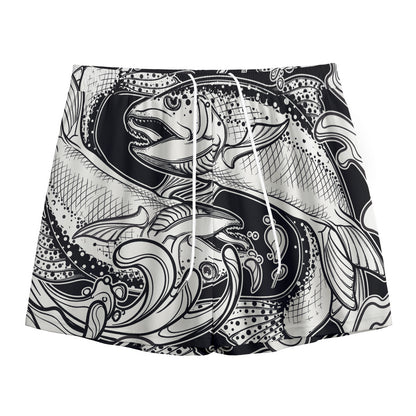 White And Black Pisces Sign Print Mesh Shorts