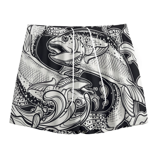 White And Black Pisces Sign Print Mesh Shorts