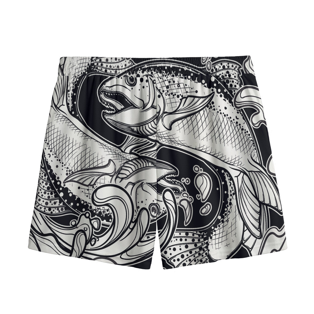 White And Black Pisces Sign Print Mesh Shorts