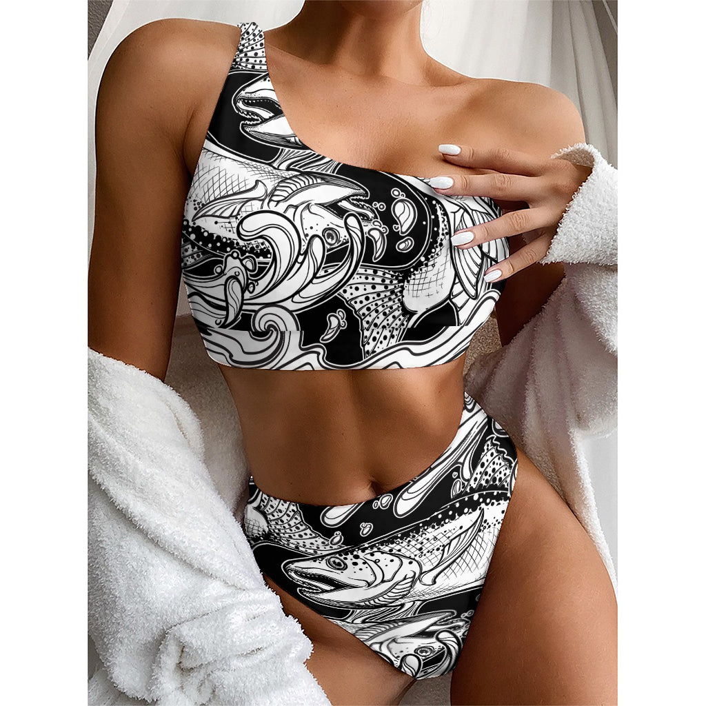 White And Black Pisces Sign Print One Shoulder Bikini Top