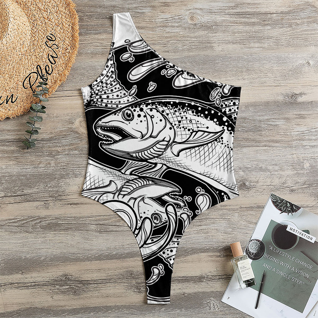 White And Black Pisces Sign Print One Shoulder Bodysuit