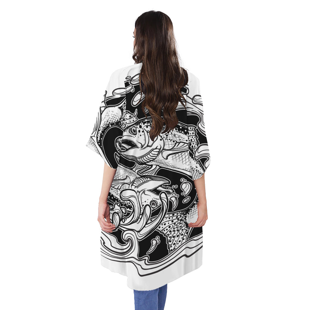 White And Black Pisces Sign Print Open Front Beach Cover Up