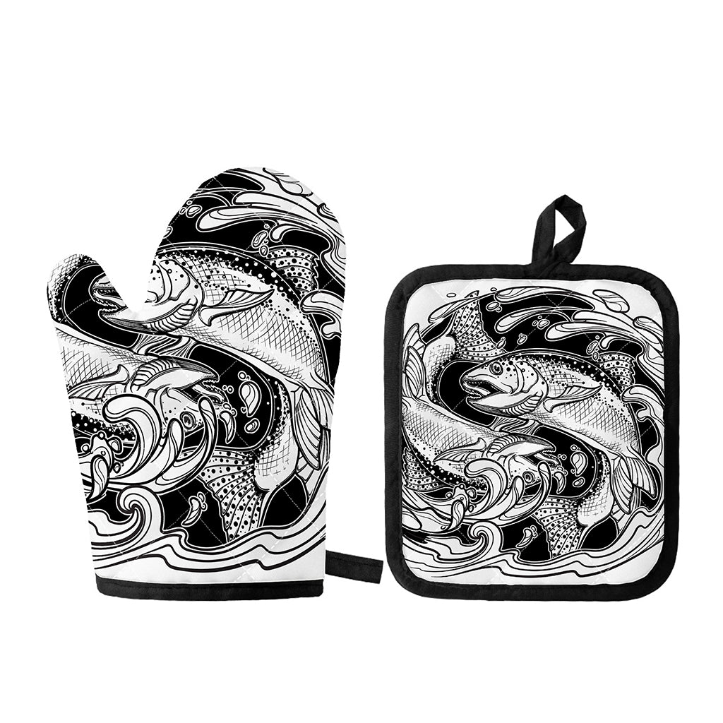 White And Black Pisces Sign Print Oven Mitt And Pot Holder Set