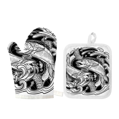 White And Black Pisces Sign Print Oven Mitt And Pot Holder Set
