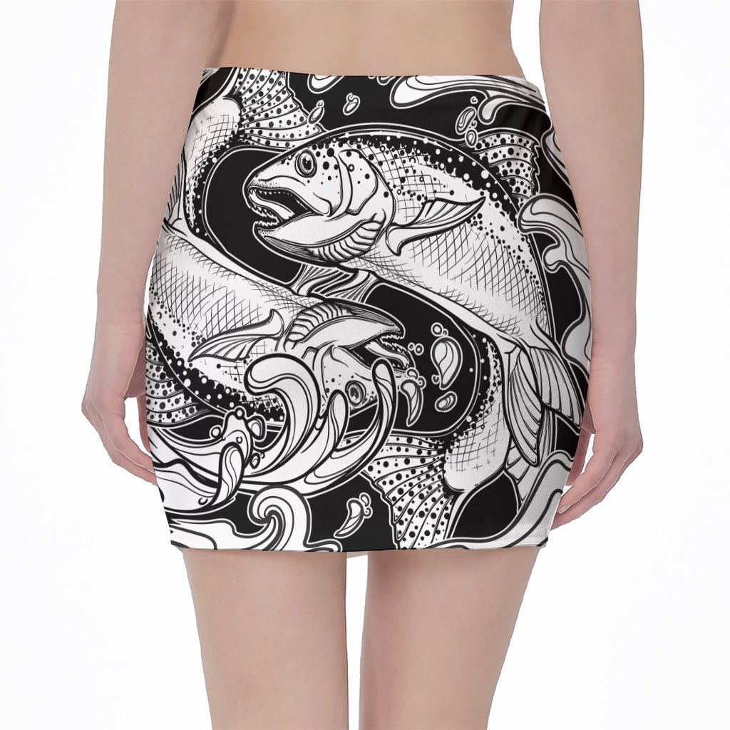 White And Black Pisces Sign Print Pencil Mini Skirt