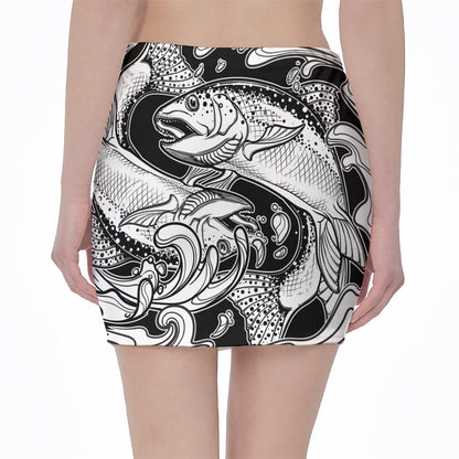 White And Black Pisces Sign Print Pencil Mini Skirt