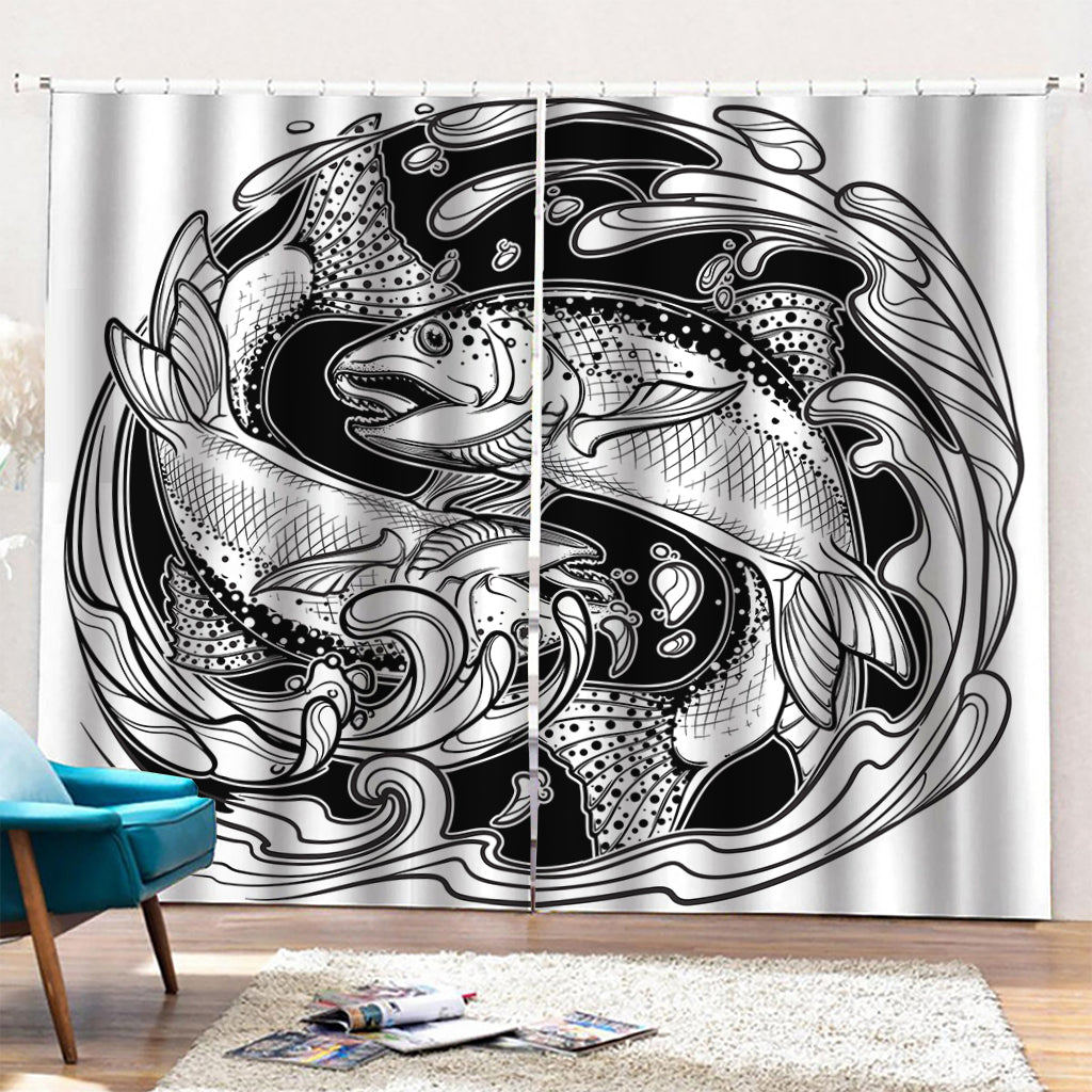 White And Black Pisces Sign Print Pencil Pleat Curtains