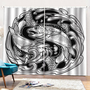 White And Black Pisces Sign Print Pencil Pleat Curtains