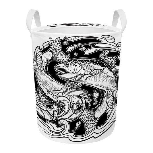 White And Black Pisces Sign Print Round Laundry Basket