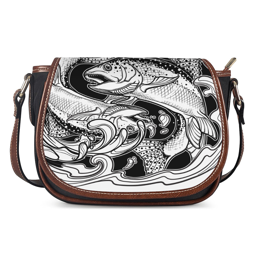 White And Black Pisces Sign Print Saddle Bag