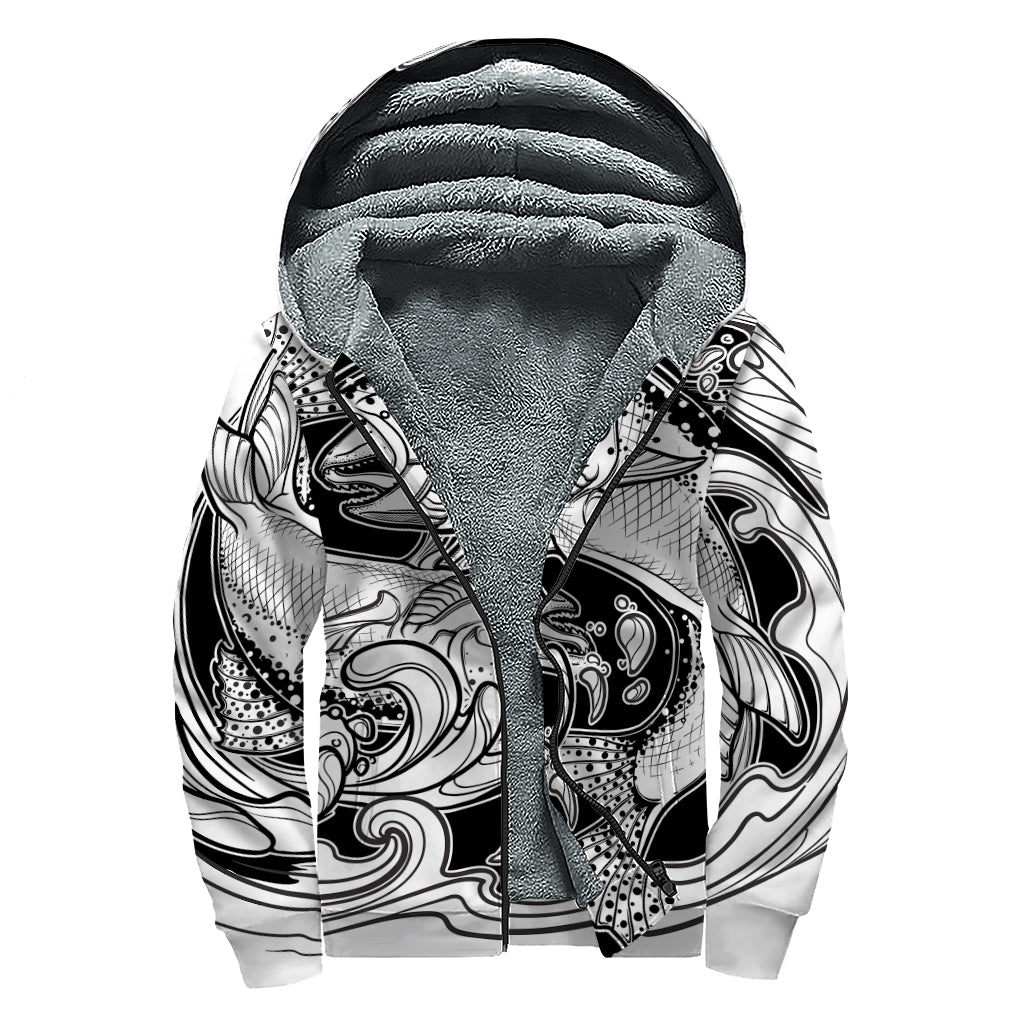 White And Black Pisces Sign Print Sherpa Lined Zip Up Hoodie