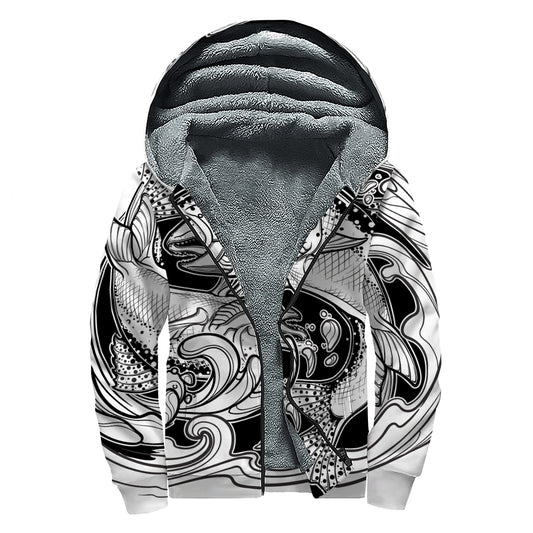 White And Black Pisces Sign Print Sherpa Lined Zip Up Hoodie
