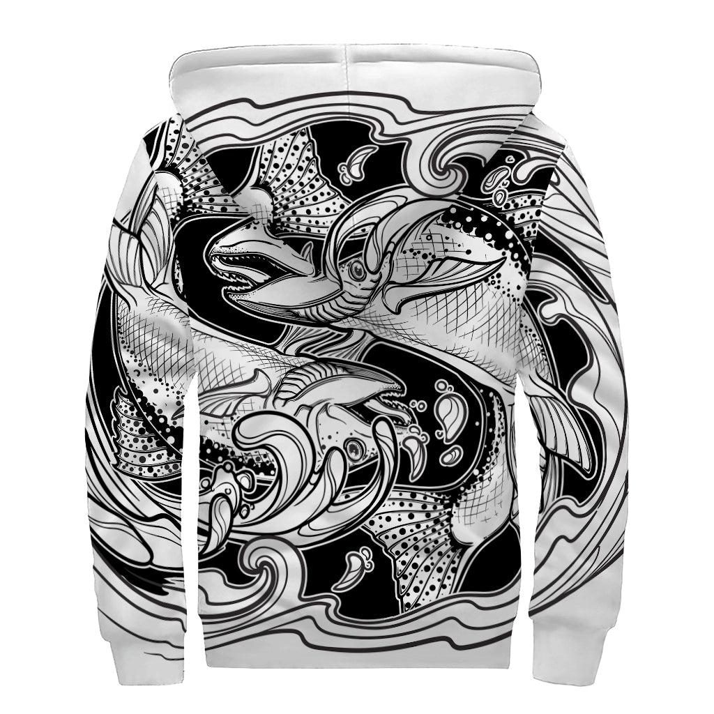 White And Black Pisces Sign Print Sherpa Lined Zip Up Hoodie