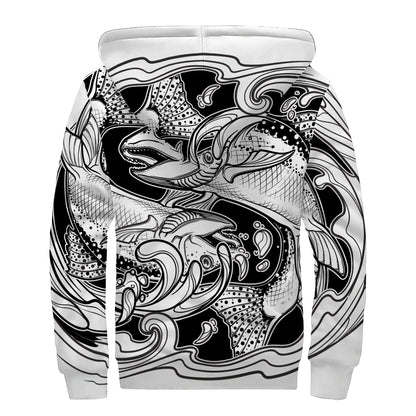 White And Black Pisces Sign Print Sherpa Lined Zip Up Hoodie