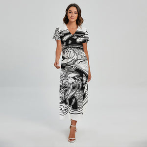 White And Black Pisces Sign Print Short Sleeve Maxi Dress