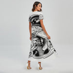 White And Black Pisces Sign Print Short Sleeve Maxi Dress