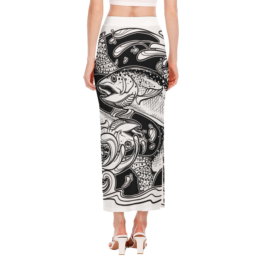 White And Black Pisces Sign Print Side Slit Maxi Skirt