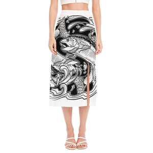 White And Black Pisces Sign Print Side Slit Midi Skirt