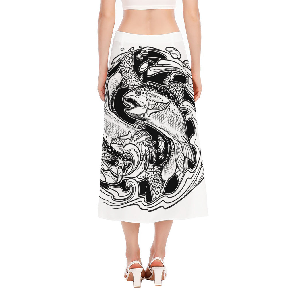 White And Black Pisces Sign Print Side Slit Midi Skirt