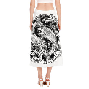 White And Black Pisces Sign Print Side Slit Midi Skirt