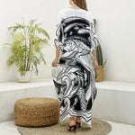 White And Black Pisces Sign Print Silk V-Neck Kaftan Dress