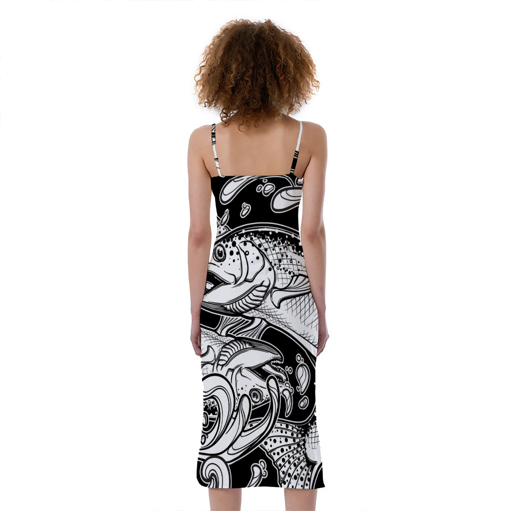 White And Black Pisces Sign Print Slim Fit Midi Cami Dress