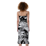 White And Black Pisces Sign Print Slim Fit Midi Cami Dress